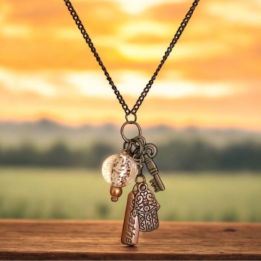 Unique bronze necklace key and charm details clear glass bead and 'breathe' tag. - Picture 5 of 15